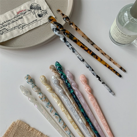 Acetate Hair Stick Spiral Twisted Hairpin Vintage Marble Pattern Elegant Hair Fork Styling Tool For Women French Retro