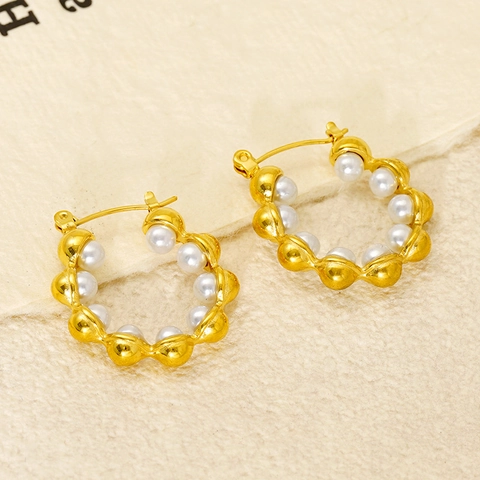 Orecchini A Cerchio Ondulati In Acciaio Inossidabile Placcato Oro 18K Con Künstliche Perle Gioielli Retro Per Donna