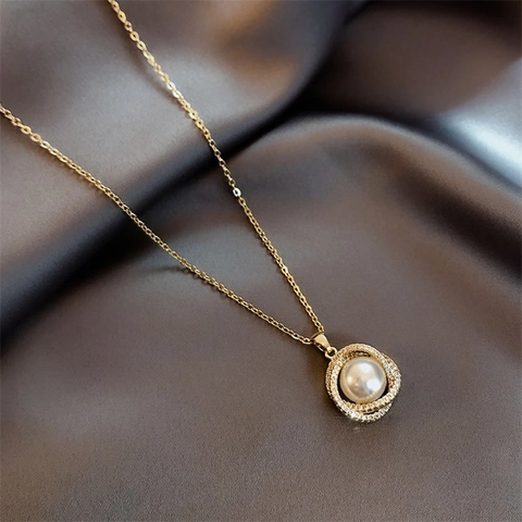 Elegant Artificial Pearl Pendant Necklace For Women Titanium Steel Chain Copper Micro Pave Zircon Circular Jewelry