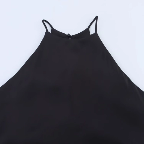 Women Elegant Black Halter Satin Midi Dress Minimalist Sleeveless Backless A-Line Evening Party Dress Summer Fashion