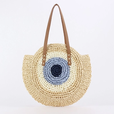Damen Runde Gewebte Stroh Schultertasche Große Kapazität Evil Eye Muster Strand Urlaub Papierschur PU Leder Riemen