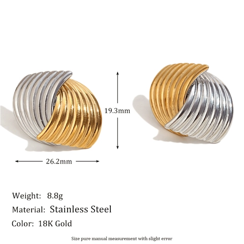 Edelstahl Stecker Ohrringe 18K Vergoldet Zweifarbig Fächerförmig Geometrisch Gestreift Mode Schmuck Für Damen