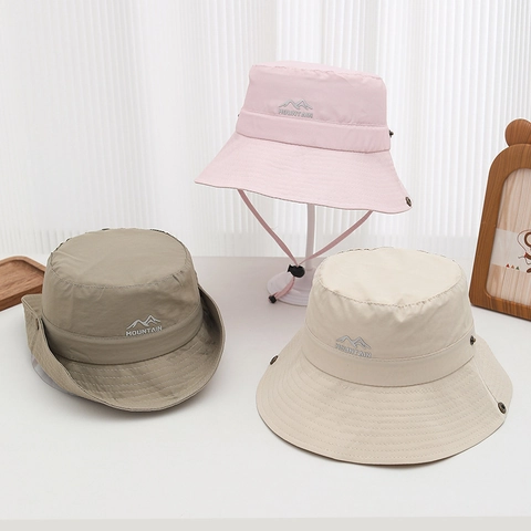 Kids Bucket Hat Quick Dry Nylon Sun Protection Adjustable Windproof Rope Outdoor Hiking Breathable Mountain Embroidery