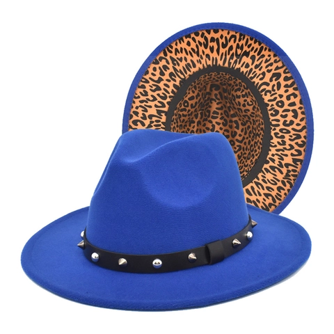 Women Wide Brim Fedora Hat Woolen Felt With Leopard Print Underside And Rivet Studded Belt Vintage Jazz Cap