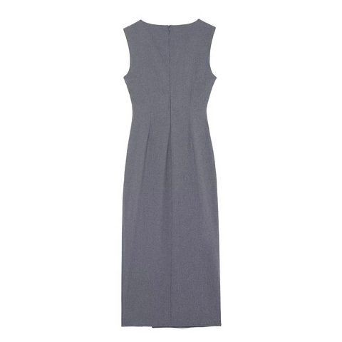 Vestido Midi Sin Mangas Poliéster Cintura Fruncida Abertura Lateral Ajustado Elegante Cuello Redondo Oficina Mujer Gris