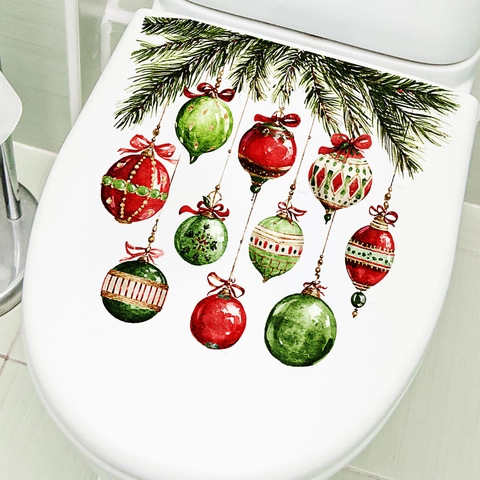 Adesivo per WC di Natale ad Acquerello in PVC Impermeabile Decalcomania da Muro Palle Rosso Verde Rami di Pino Decorazione Casa