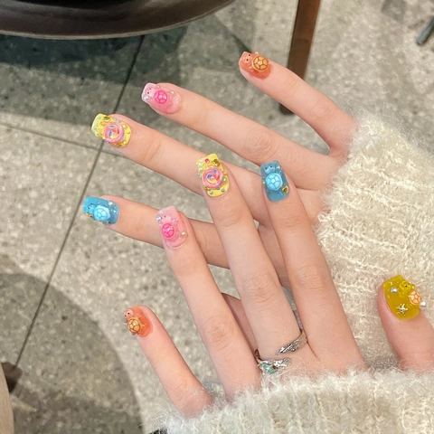 Handgemaakte 3D Schildpad Press-on Nagels Meerkleurig Hars Lolly Ontwerp Korte Coffin Vorm DIY Manicure Tips Vrouwen Sieraden