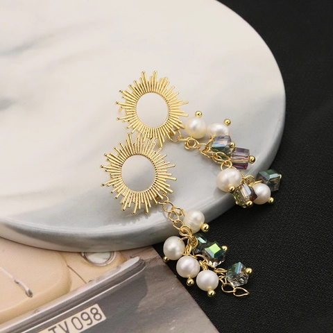 Vintage Bohemian Freshwater Pearl Drop Earrings With 925 Sterling Silver Earring Post Sun Pattern Rhinestone Earrings Jewelry For Women