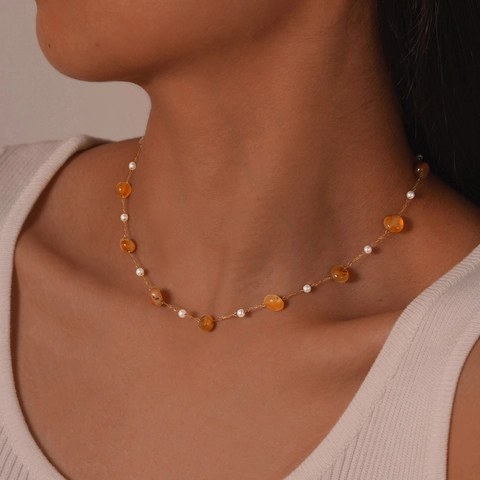 Gioielli Placcati in Oro in Acciaio Inossidabile per Donna Con Perla Artificiale e Collana di Pietre Ambra Imitazione Bracciale Accessori Geometrici Eleganti