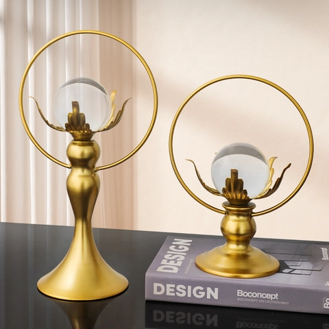 Crystal Ball Ornament Metal Desktop Decoration Modern Light Luxury Lotus Base Entryway Living Room Centerpiece