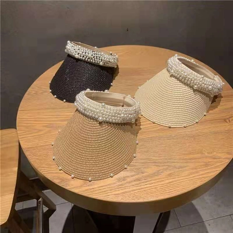 Artificial Pearl Decorated Straw Visor Sun Hat For Women Wide Brim Open Top UV Protection Summer Beach Breathable Adjustable
