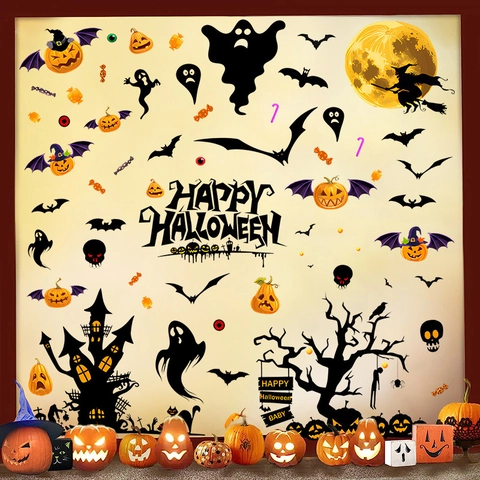 Halloween Window Stickers PVC Silhouette Pumpkin Ghost Bat Castle Wall Decals For Glass Party Home Decoration Removable