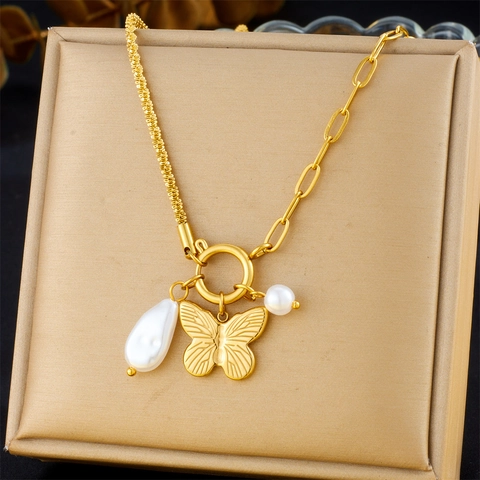 Collana Con Pendente A Farfalla E Perla Artificial In Acciaio Inossidabile Catena A Graffetta Asimmetrica Gioielli Eleganti Da Donna