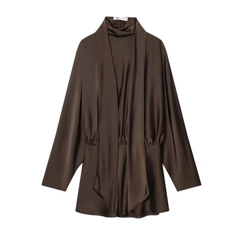 Elegant Satin Mini Dress High Neck Long Sleeve Ruched Waist Draped Scarf Detail Chic Party Night Out For Women