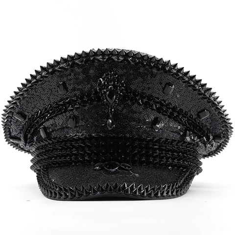 Kapitänshut Schwarz Pailletten Stacheligen Strass Militärhut Für Party Festival Bühne Performance Punk Gothic Flache Kappe