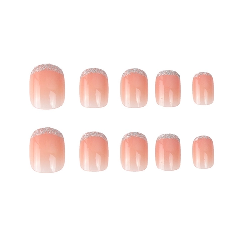 Unghie Finte Press On Sfumato Francese Corte Tonde Rosa Con Polvere Glitter Elegante Manicure Rimovibile Per Donne