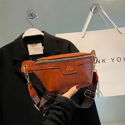 Women PU Leather Waist Bag With Bohemian Wide Strap Retro Oil Wax Texture Chest Crossbody Pack Fashion Trendy
