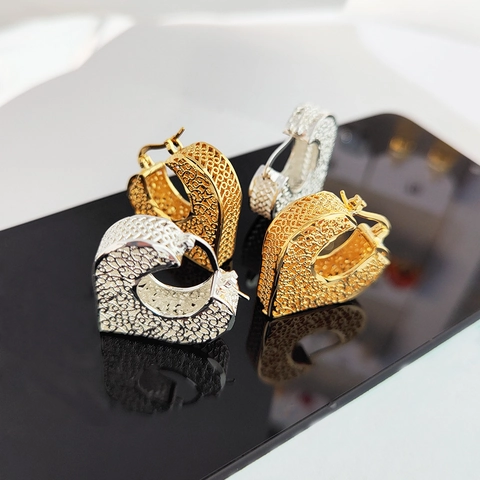 Orecchini a Cerchio Filigrana Cuore in Rame Vintage Donna Eleganti Traforati Placcati Oro Argento Gioielli Moda
