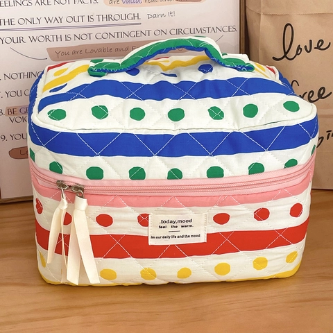 Quilted Makeup Bag Rainbow Polka Dot Stripe Pattern Travel Cosmetic Pouch Large Capacity Portable Toiletry Storage Organizer