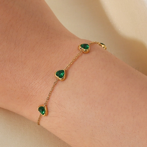 Bracciale Con Zircone Verde A Cuore Placcato Oro 14K Acciaio Inossidabile Stile Retro Francese Gioielli Regolabili Donna