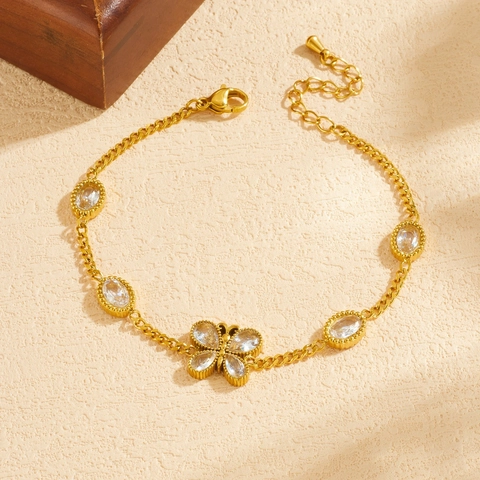 Bracciale In Acciaio Inossidabile Farfalla Placcato Oro Zircone Ovale Ciondolo Insetto Catena Gioielli Per Donna Minimalista