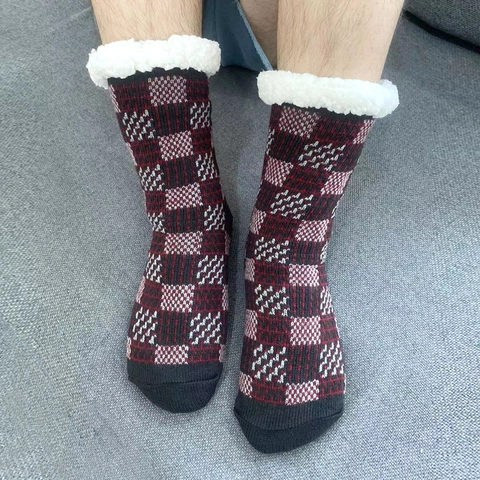 Chaussettes De Maison Homme Tricotées À Carreaux Doublées De Molleton Sherpa Chaudes Antidérapantes Pantoufles Hiver
