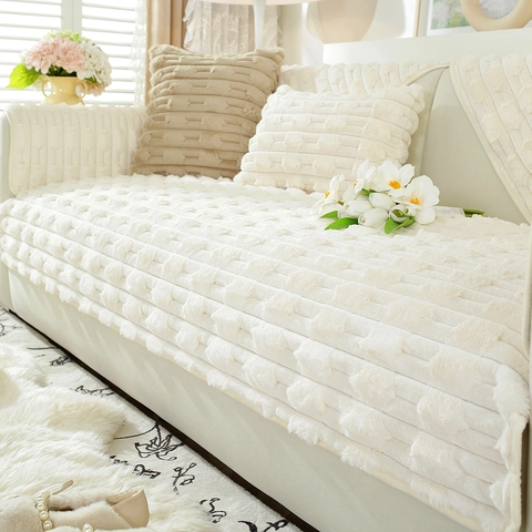 Verdickter Kaninchen Plüsch Sofaüberzug Rutschfester Kunstfell Kissen Warmer Winter Quadratisches Muster Sofabezug