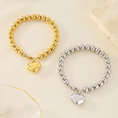 Pulsera De Cuentas De Acero Inoxidable Con Colgante De Corazón Pulido Minimalista Apilable Para Mujeres