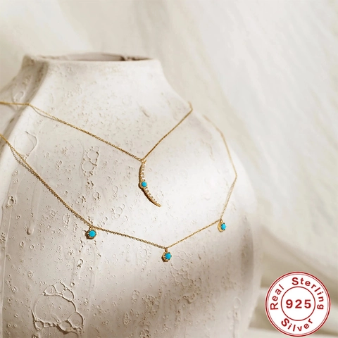 925 Sterling Silver Necklace With Turquoise Moon Butterfly Pendant Gold Plated Jewelry For Women Fashion Minimalist