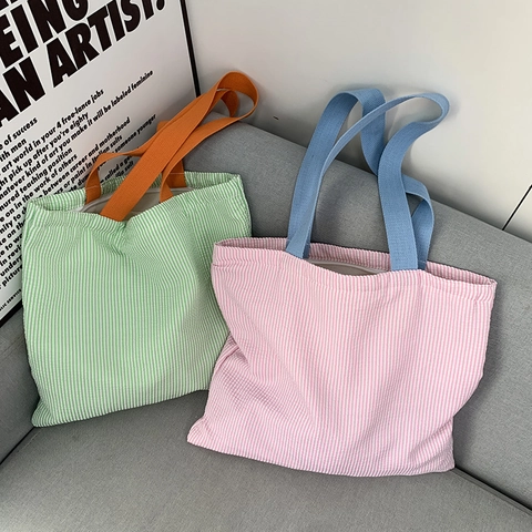 Striped Checkered Canvas Tote Bag Large Capacity Zipper Shoulder Handbag For Daily Commute School Chic Casual
