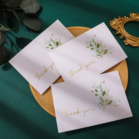 Biglietto di Ringraziamento Botanico Acquerello Con Buste Verde Scuro Lamina d'Oro Cancelleria Elegante Per Matrimonio Affari