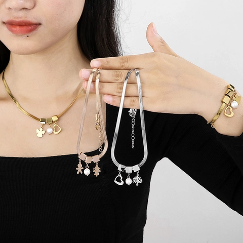 Collana E Bracciale Gioielli Con Ciondoli Cuore Perla Artificial Acciaio Inossidabile Catena A Serpente Elegante Per Donna
