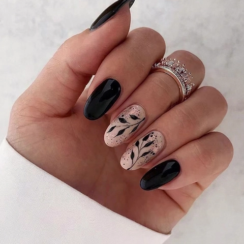 Uñas Postizas Ovaladas Medianas Largas Brillantes Negro Rosa Diseño De Silueta De Hoja Arte De Salpicaduras De Tinta Mujeres