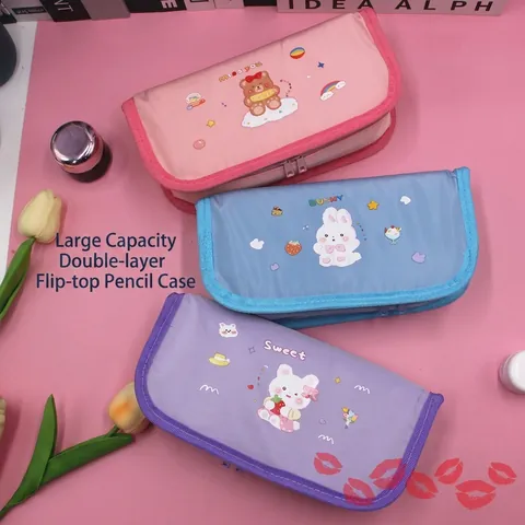 Large Capacity Pencil Case Double Layer Flip Cover Polyester Cartoon Cute School Stationery Desktop Organizer For Girls
