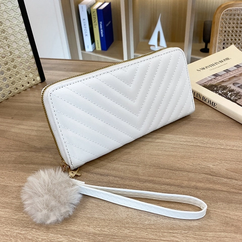 Cartera Larga Mujer Cuero PU Acolchado En V Cremallera Multi Tarjetas Correa De Muñeca Pompón Bolso De Mano Gran Capacidad