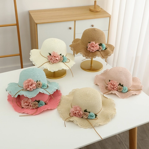 Kids Summer Straw Sun Hat With Matching Flower Bag Girls Sweet Floral Beach Hat Wavy Brim Outdoor Shading Accessories