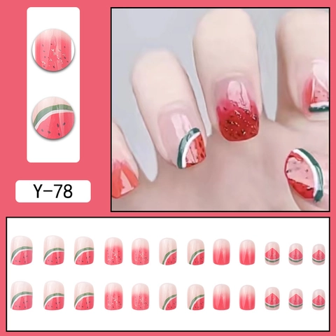 Zomer Watermeloen Press On Nagels Kort Vierkant Fruitpatroon Schattig Gradiënt Glanzend Volledige Dekking Kunstnagels