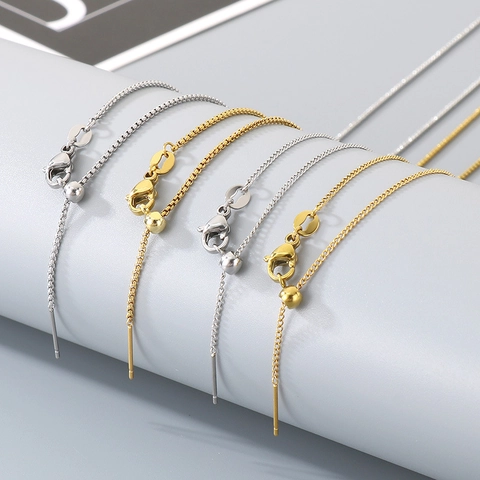 Stainless Steel Box Chain Necklace Adjustable 18K Gold Plated Minimalist Slider Pin End For Women Men Fashion Jewelry