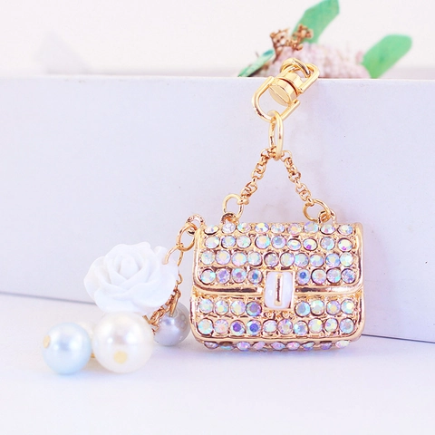 Cute Camellia Handbag Keychain Zinc Alloy Rhinestone Bag Charm Artificial Pearl Elegant Keychain For Women Gift Decor