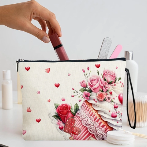 Borsa Da Trucco In Lino Fine Astuccio Da Viaggio Con Cerniera E Cinturino Da Polso Stampa Rosa Cupcake Per Donne
