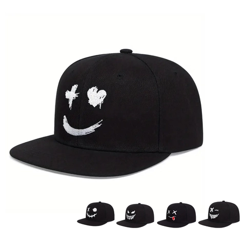 Geborduurde Smiley Gezicht Honkbalpet Graffiti Stijl Hip Hop Snapback Hoed Voor Heren Dames Polyester Ademend Zonnescherm