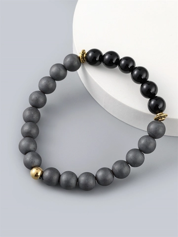 Men Beaded Bracelet Matte Hematite Shiny Obsidian Gold Alloy Crown Spacers Elastic Healing Jewelry