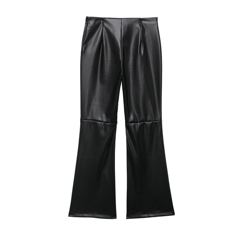 Women Black Faux Leather Flare Pants High Waist Lace Up Cross Tie PU Trousers Solid Color Slim Fit Elegant Chic Long