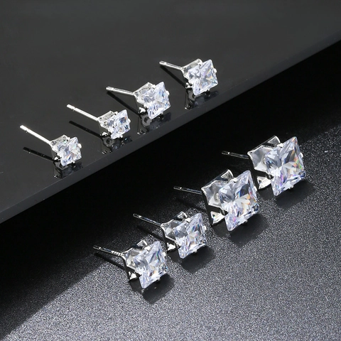 Square Zircon Stud Earrings With 925 Sterling Silver Earring Post Simple Elegant Fashion Jewelry For Women