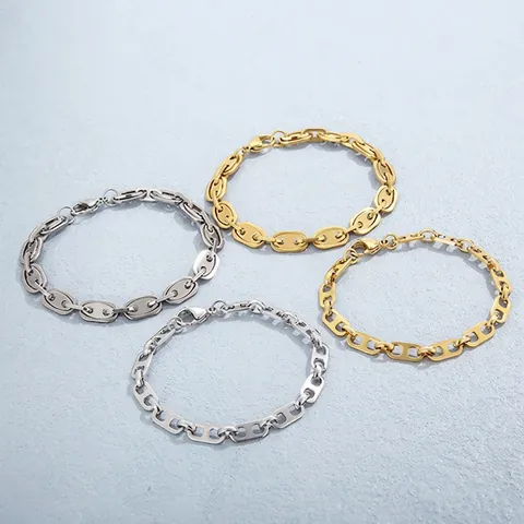Stainless Steel Mariner Link Chain Bracelet Pig Nose Coffee Bean Shape Minimalist Fashion Jewelry For Men Women