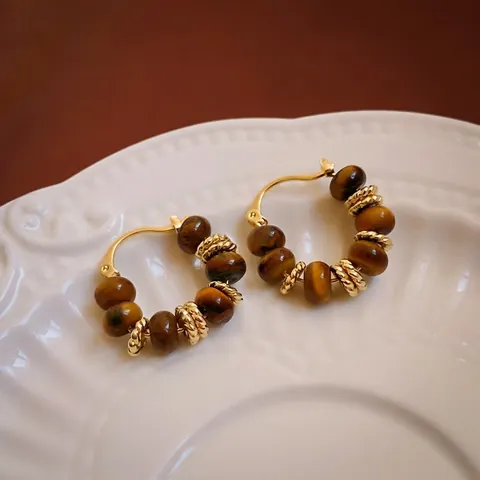 Orecchini A Cerchio Con Perline Di Occhio Di Tigre Per Donna Gioielli In Pietra Preziosa Dorati Retrò