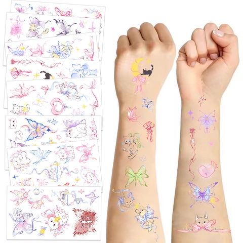 Waterproof Temporary Tattoo Stickers Butterfly Cat Star Moon Pattern Watercolor Style For Party Women Kids Body Art Beauty