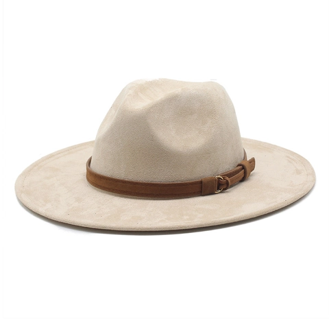 Wide Brim Fedora Hat Faux Suede Retro Jazz Style With Belt Buckle Unisex Vintage Cowboy Sun Protection Accessory