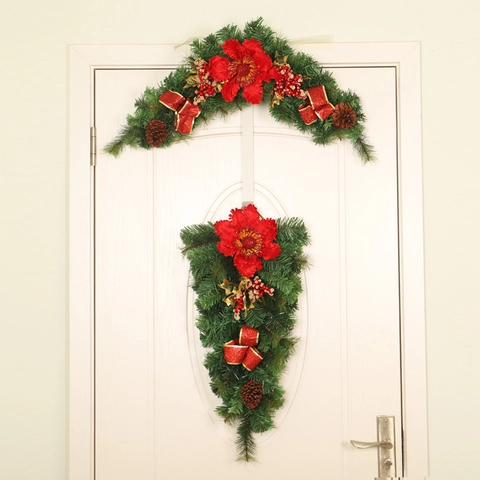 Christmas Swag Artificial Pine Needle Red Poinsettia Pine Cones Berries Bow Front Door Decoration Home Holiday Festive Garland
