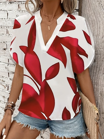 Damen V Ausschnitt Bluse Kurzarm Schulterfrei Top Polyester Spandex Rotes Blattmuster Lässig Mode Streetwear